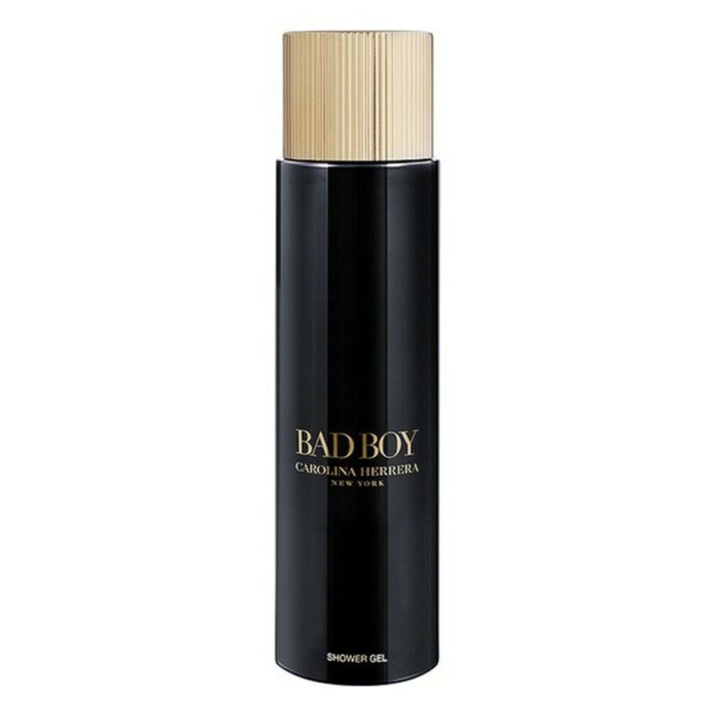 Schwarze Flasche mit goldenem Deckel. Aufschrift: BAD BOY, CAROLINA HERRERA, SHOWER GEL.