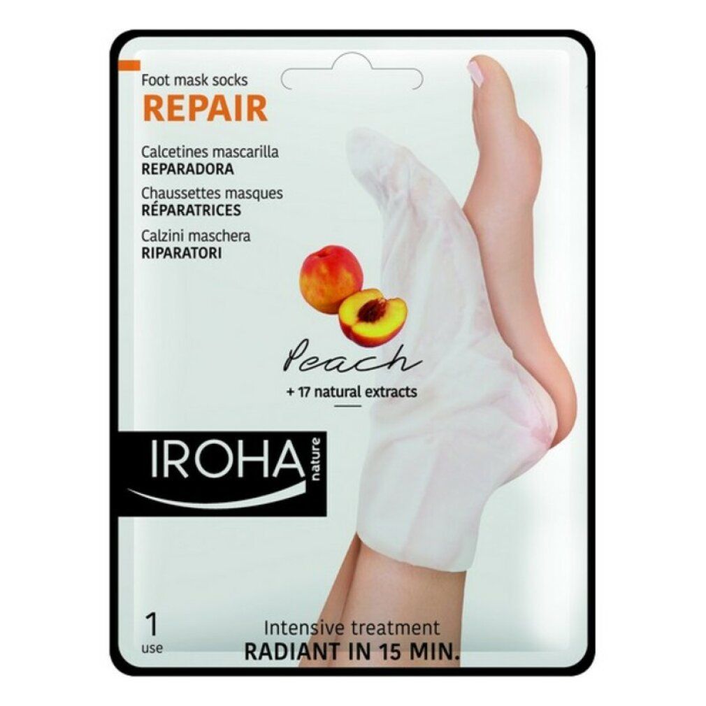 Fußmaske in Verpackung. Marke IROHA. Pfirsich-Motiv. Text: Repair, +17 natürliche Extrakte, Intensive Behandlung in 15 Min.