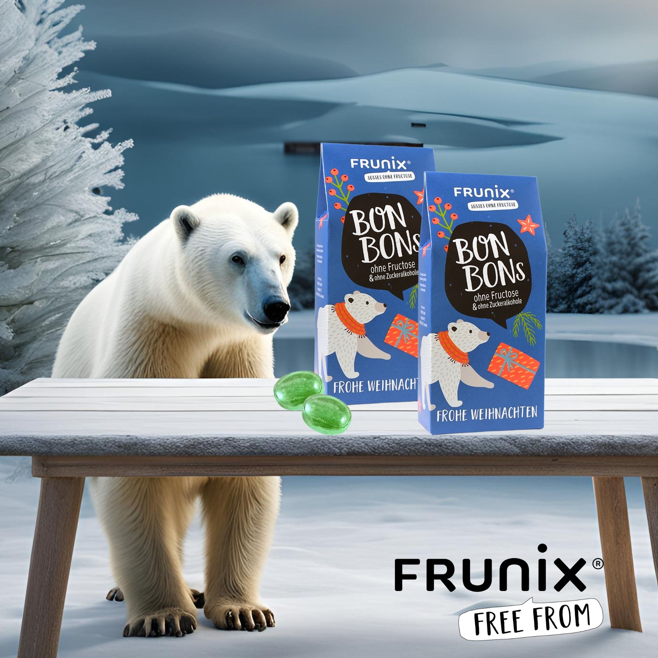 Zwei Bonbon-Packungen auf einem Tisch. Eisbär-Illustration, Text: "Frohe Weihnachten", "Bon Bons", "ohne Fructose & ohne Zuckeralkohole". Zwei grüne Bonbons.