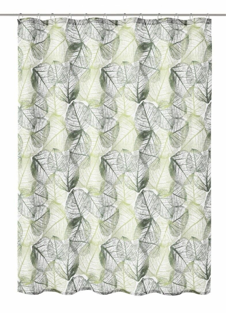 Duschvorhang mit Blättermuster in Grün- und Grautönen. Textil. Aufhängung mit Ösen.