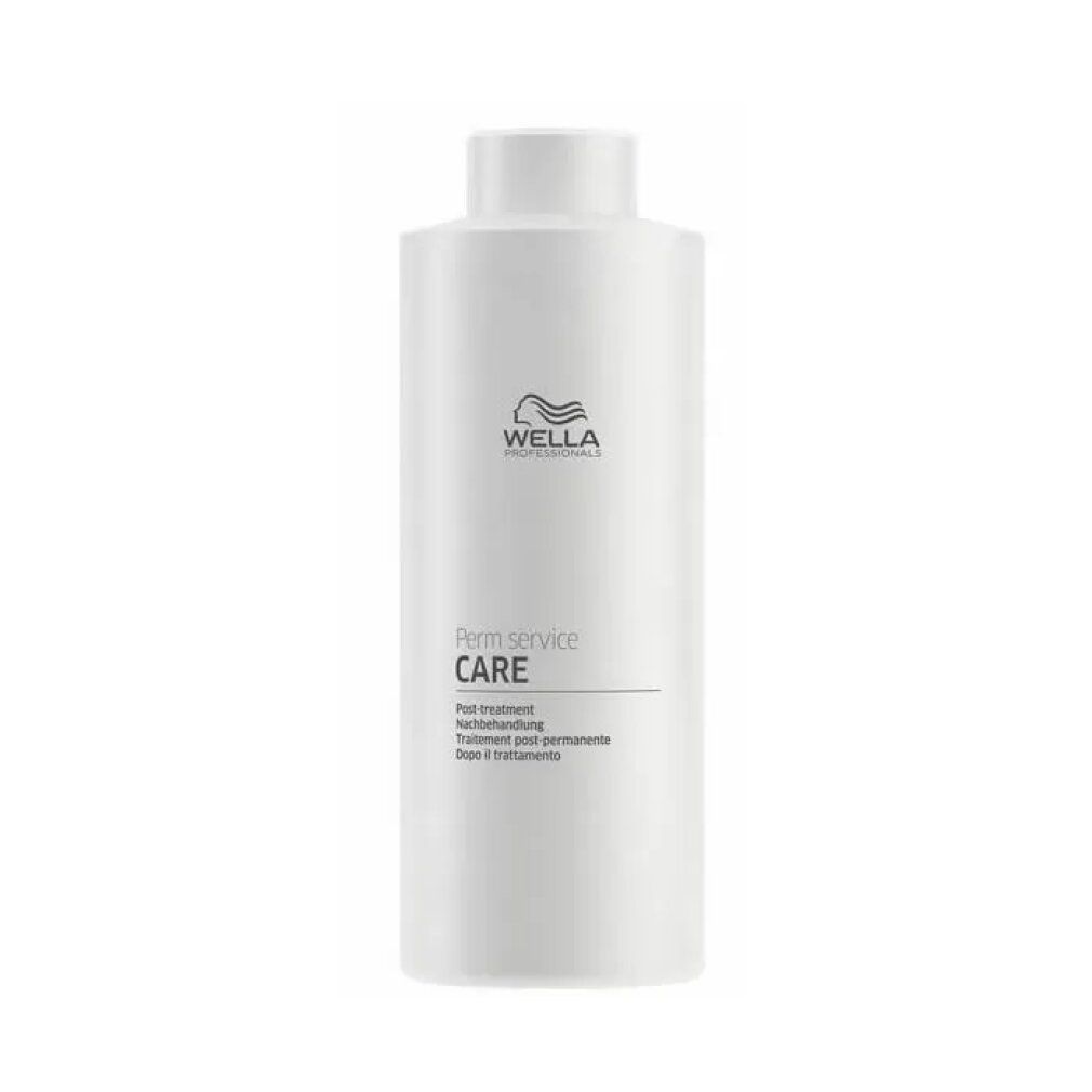 Weiße Flasche mit Wella-Logo und Schriftzug 'Perm service CARE'. Text darunter: Post treatment, Nachbehandlung, Traitement post-permanente, Dopo il trattamento.