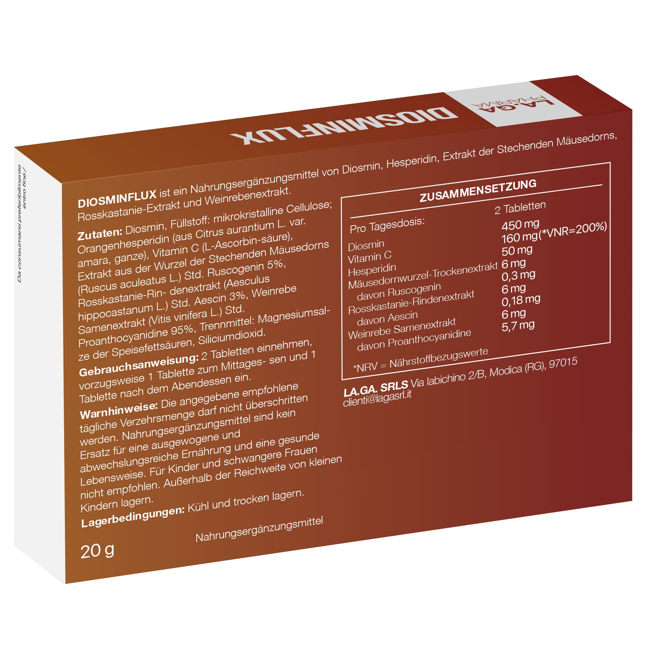 Braune Produktverpackung mit Text. Enthält Diosminflux, Inhaltsstoffe und Nährwertangaben. 20g.
