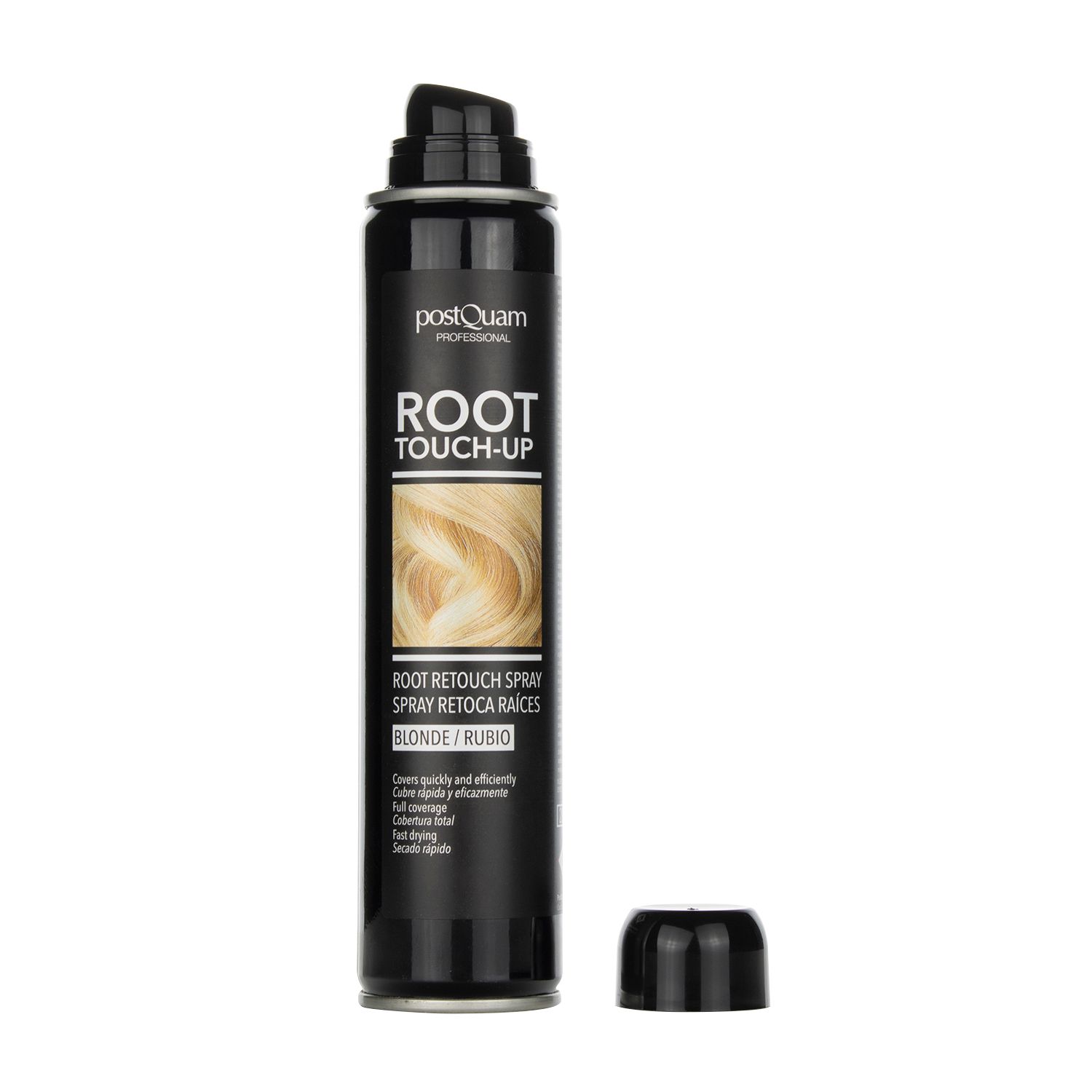 Schwarze Sprühdose mit "PostQuam" und "ROOT TOUCH-UP" Schriftzug. Blondes Haar-Beispiel. "BLONDE/RUBIO" Text. Schwarzer Deckel daneben.