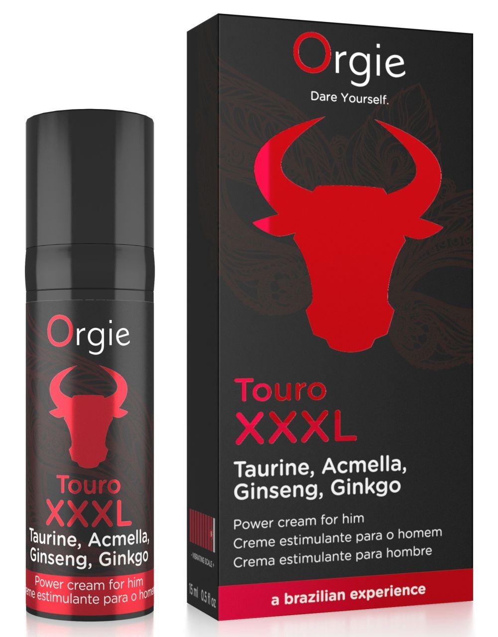 Schwarze Flasche und Verpackung. Aufschrift "Orgie Touro XXXL". Enthält Taurin, Acmella, Ginseng, Ginkgo. 15 ml.