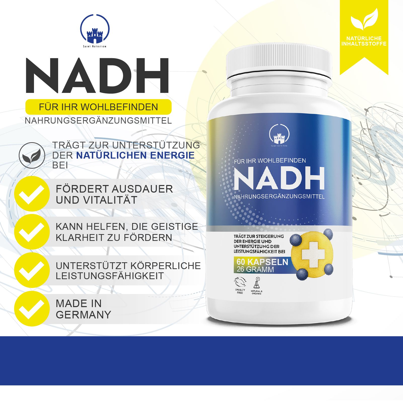 Weiße Kapselverpackung mit blauem Etikett, das NADH, 'Made in Germany' und Vorteile wie Energie und Vitalität hervorhebt.