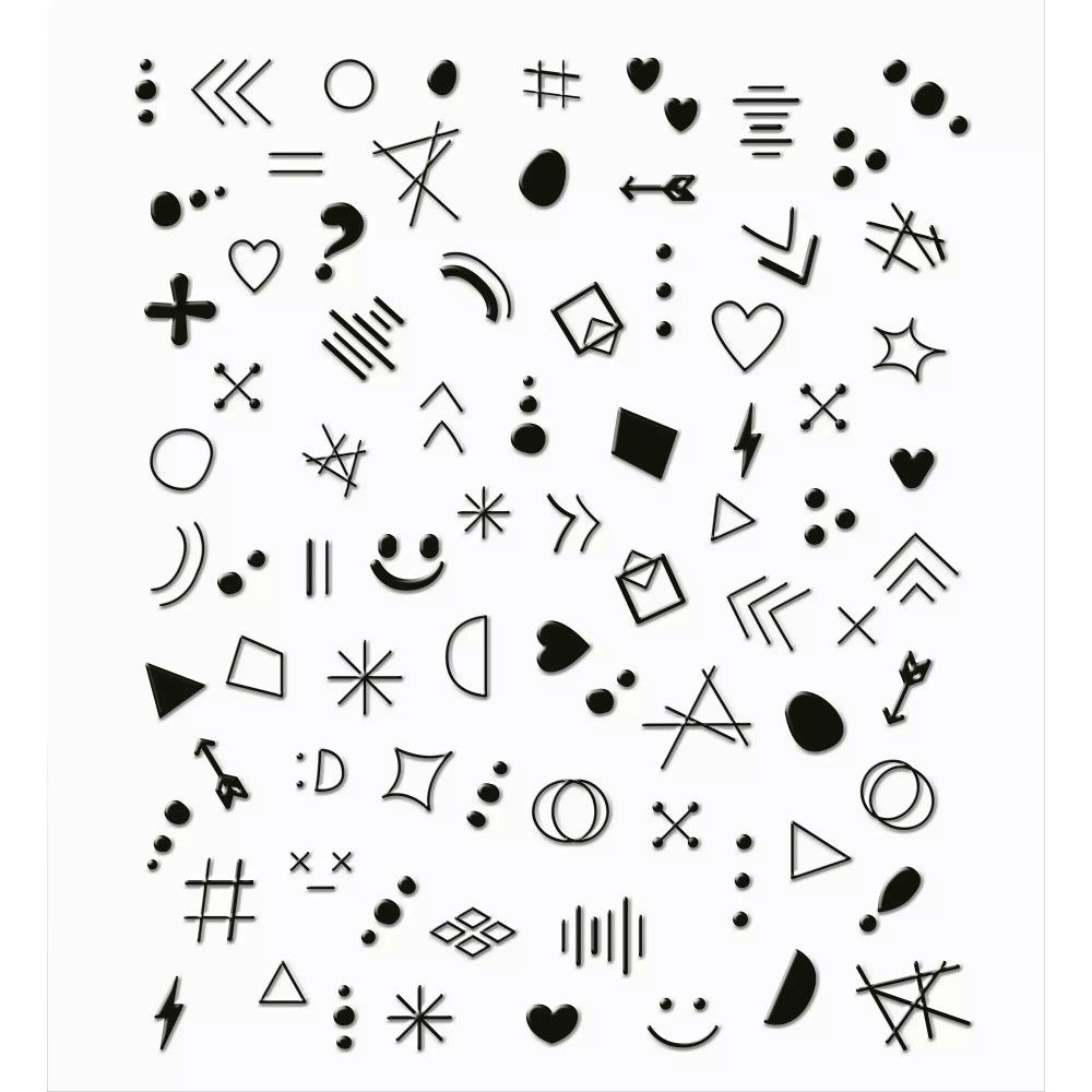 Nahaufnahme von schwarzen Nagelstickern mit verschiedenen Symbolen. Symbole sind geometrisch, Pfeile, Herzen und Smileys.