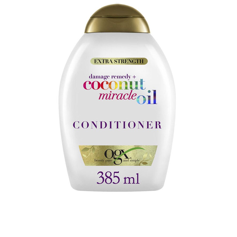 Weiße Flasche mit goldfarbenem Deckel. Aufschrift: Coconut Miracle Oil Conditioner. Volumen: 385 ml. Enthält Kokosöl.