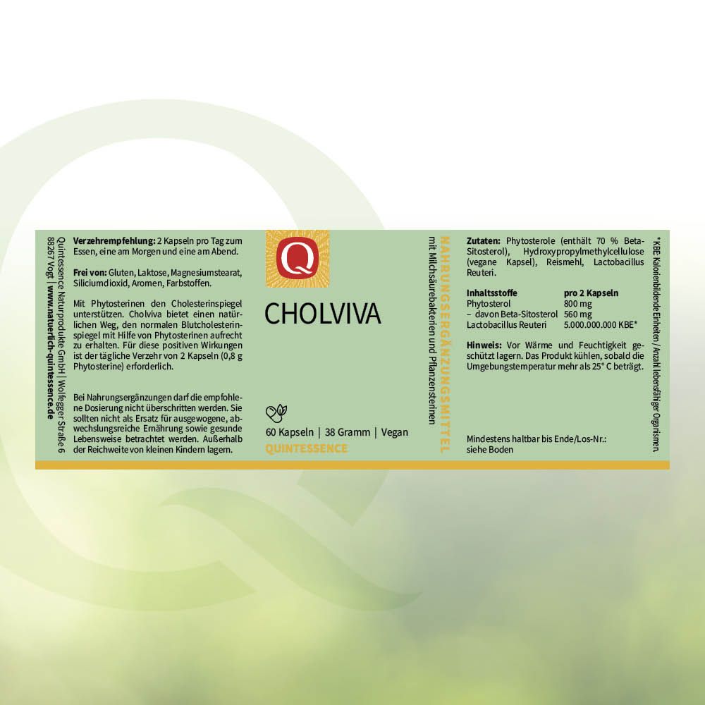 Packung CHOLVIVA Kapseln, 60 Stück, 38 Gramm, vegan. Enthält Phytosterole und Lactobacillus.