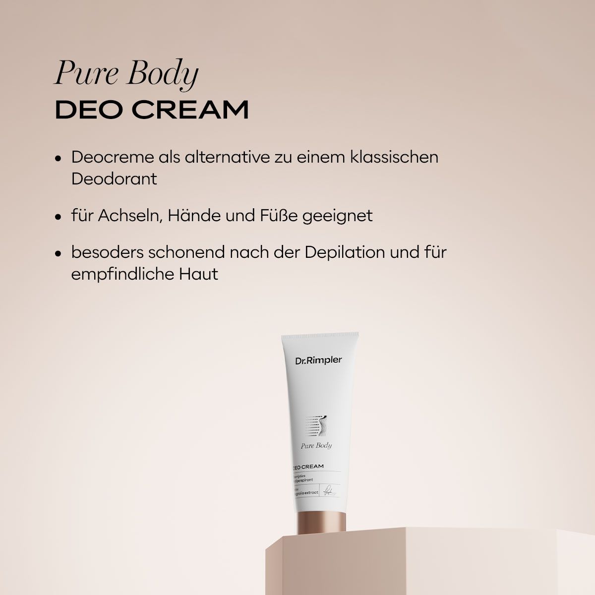 Weiße Tube mit Dr.Rimpler Pure Body DEO CREAM Aufschrift und goldenem Schraubverschluss.