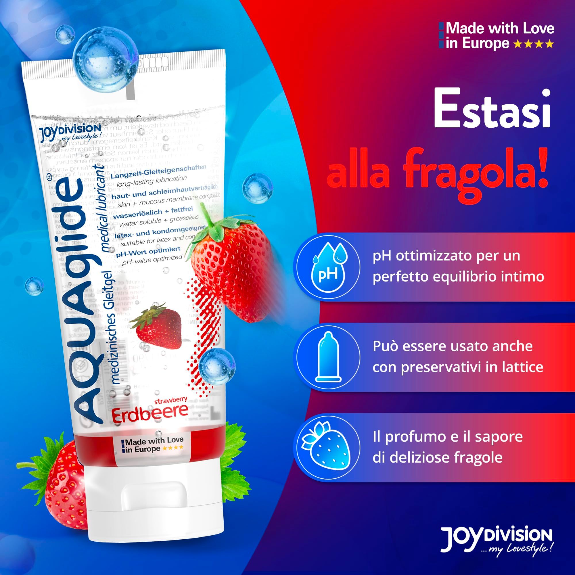 AquaGlade Erdbeer Gleitgel Tube, mit Erdbeeren und Wasserblasen.