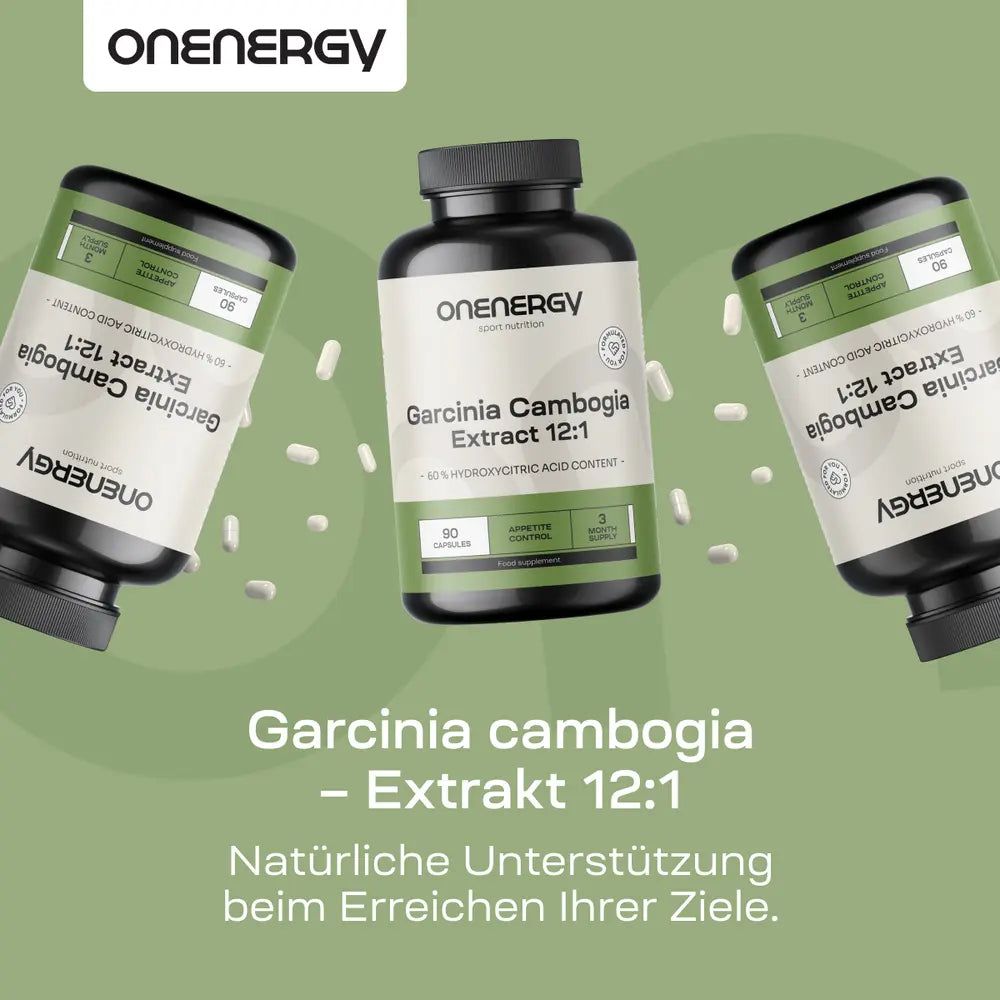 Drei Flaschen OnEnergy Garcinia Cambogia Extrakt 12:1. Text: Natürliche Unterstützung beim Erreichen Ihrer Ziele.
