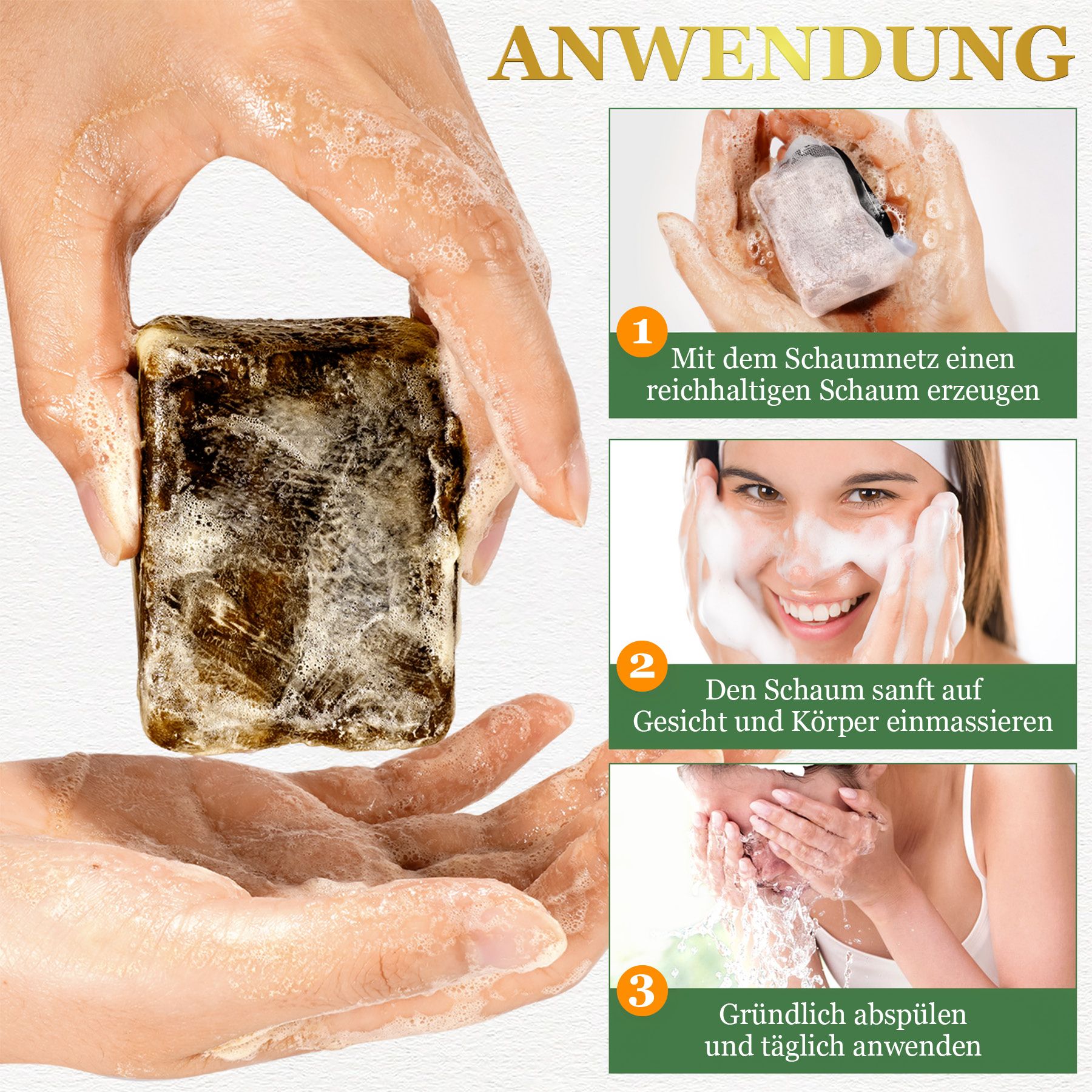 Dunkler Seifenblock mit Schaum in Händen.