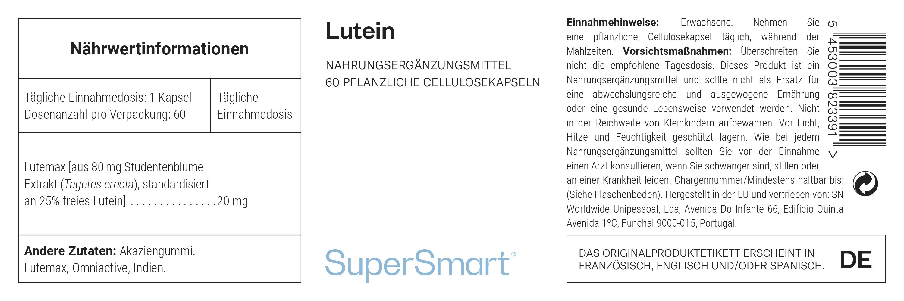 Etikett mit Informationen zu Lutein-Nahrungsergänzungsmitteln. Enthält Angaben zu Inhaltsstoffen, Dosierung und Hersteller SuperSmart.