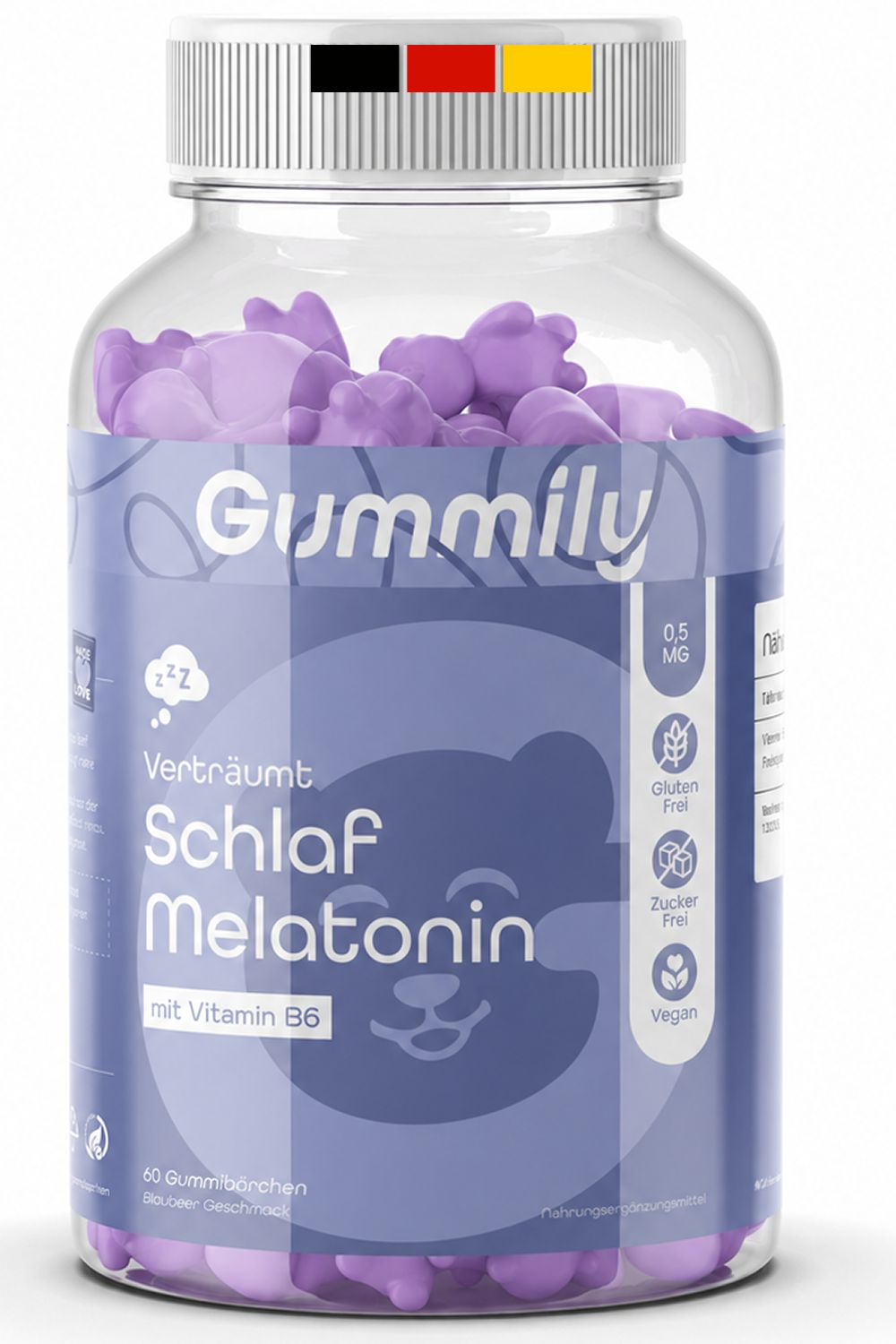 Nahaufnahme eines Glases Gummibärchen mit der Aufschrift "Gummily Schlaf Melatonin". Icons zeigen glutenfrei, zuckerfrei, vegan.