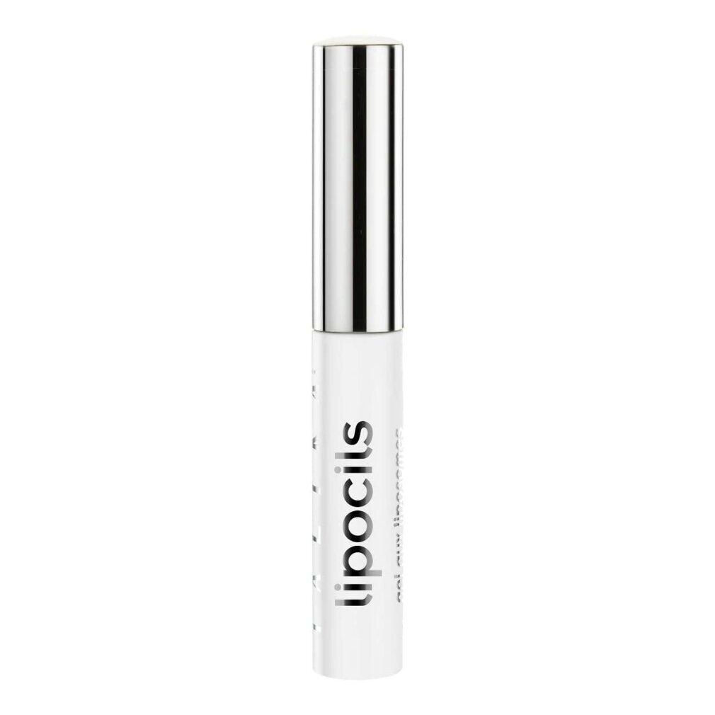 Weißer Behälter mit silberner Kappe. Aufschrift: lipocils. Produkt für die Wimpernpflege.