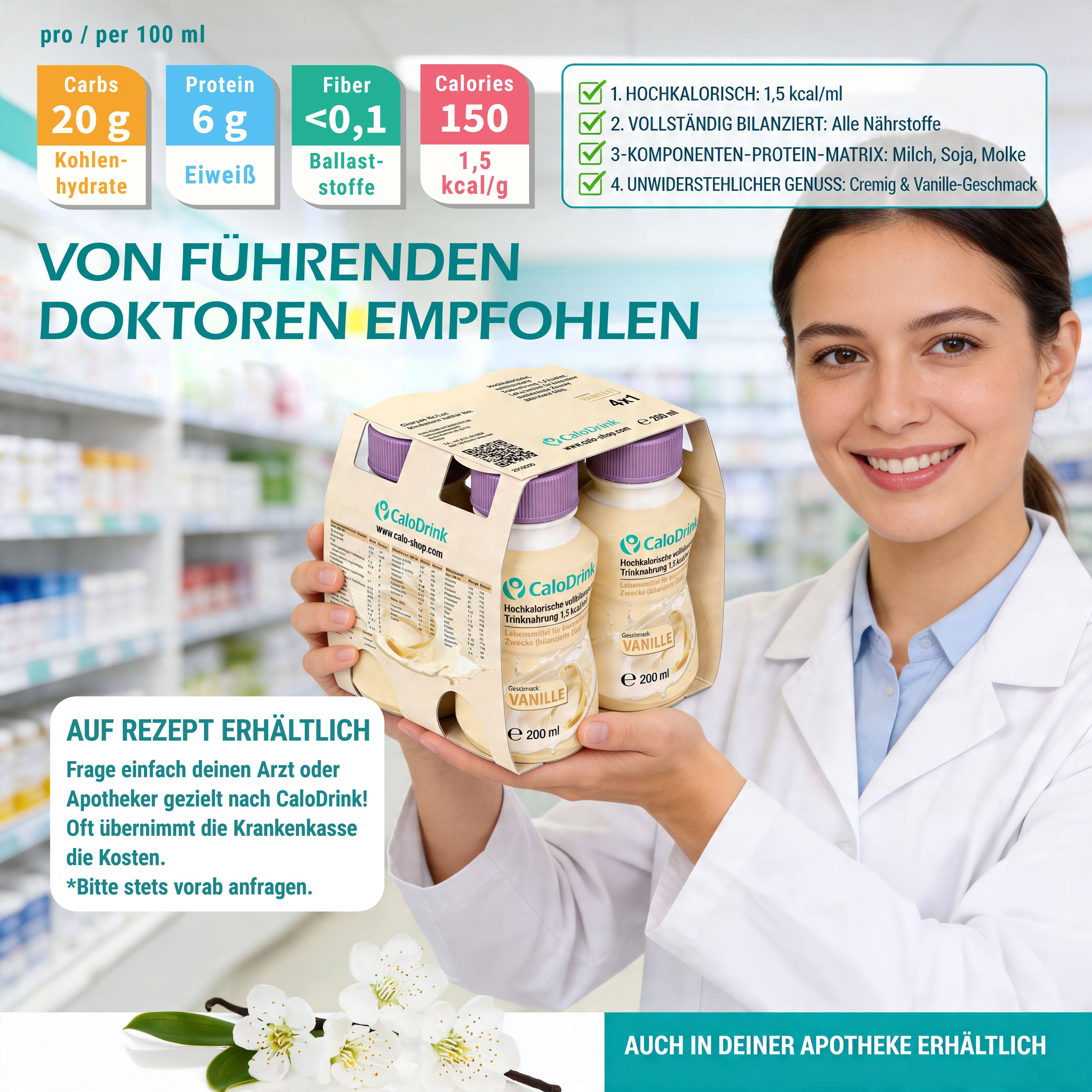 Apothekerin hält Packung mit zwei Flaschen. Text: Auf Rezept erhältlich. Nährwertangaben. 150 kcal/g. Von führenden Doktoren empfohlen.