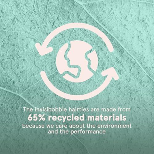 Text auf grünem Hintergrund: Die invisibobble Haargummis werden aus 65% recycelten Materialien hergestellt, weil uns die Umwelt und die Leistung am Herzen liegen.