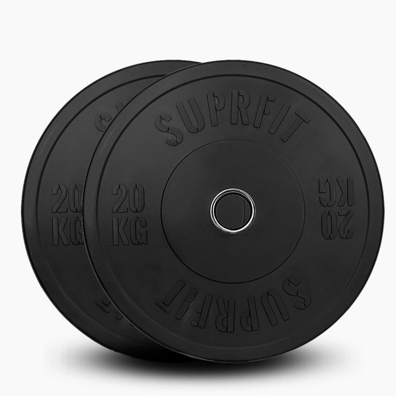 Zwei schwarze Suprfit Econ Bumper Plates mit 20 KG Gewicht. Aufschrift Suprfit und 20 KG.
