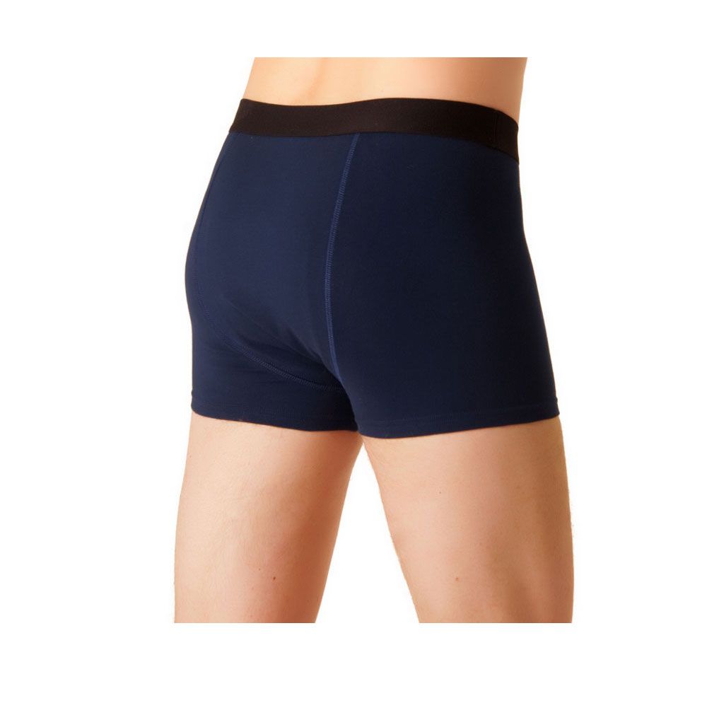 Blaue Inkontinenzhose für Männer. Schwarzer Bund. Boxershorts-Form. Seitenansicht.