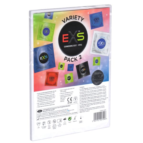 Packung mit Kondomen. Aufschrift: EXS Variety Pack 2. Verschiedene Farben der Einzelverpackungen sind sichtbar.