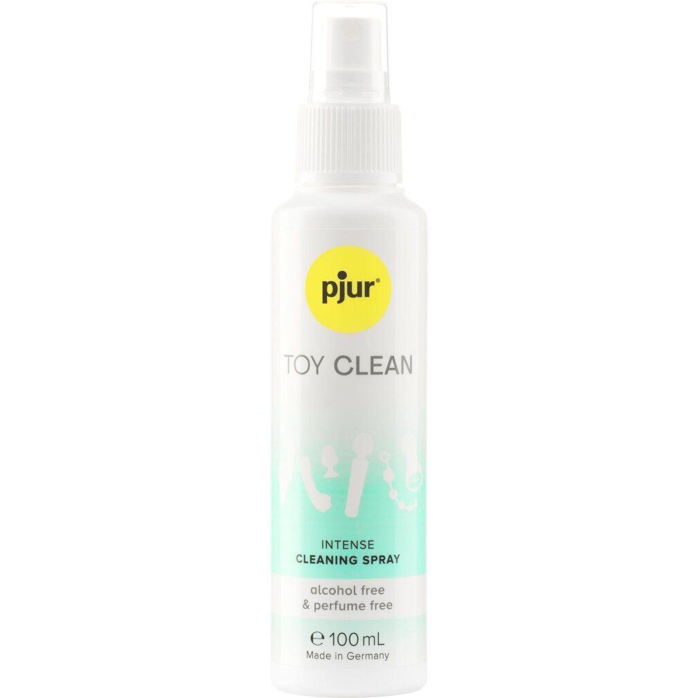 Weiße Sprühflasche mit gelbem Etikett. Aufschrift: pjur Toy Clean, Intense cleaning spray. Volumen 100ml. Alkohol- und parfümfrei.