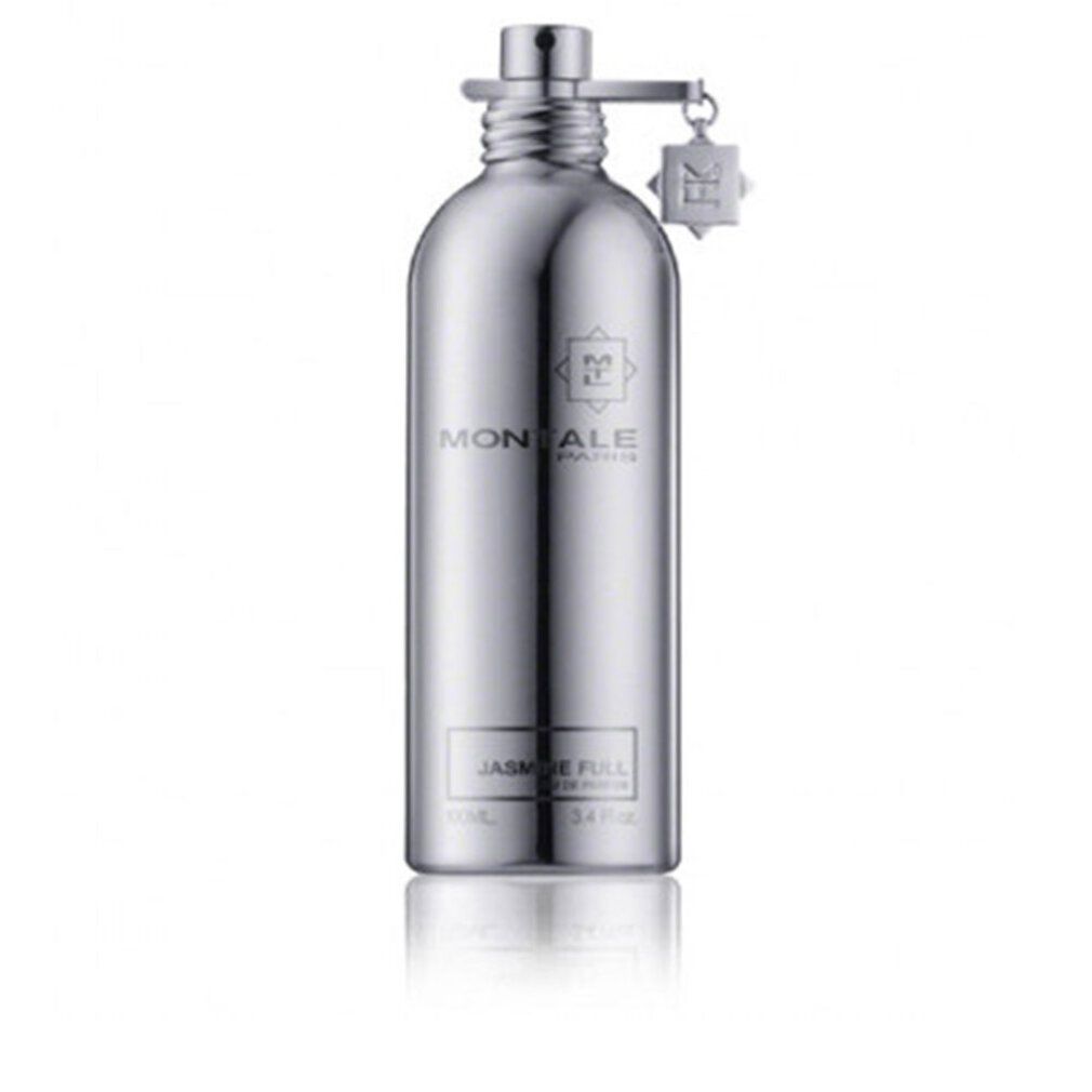 Silberne Flasche mit Sprühkopf und Anhänger. Aufschrift: Montale, Jasmin Full, 100ml.