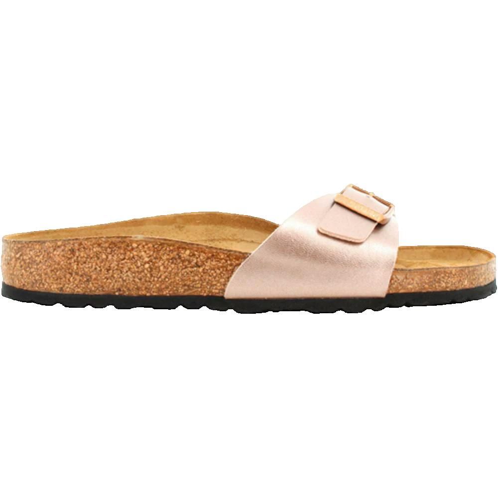 Sandalo Birkenstock Madrid rosa, fibbia. Plantare in sughero, suola nera. Vista laterale.