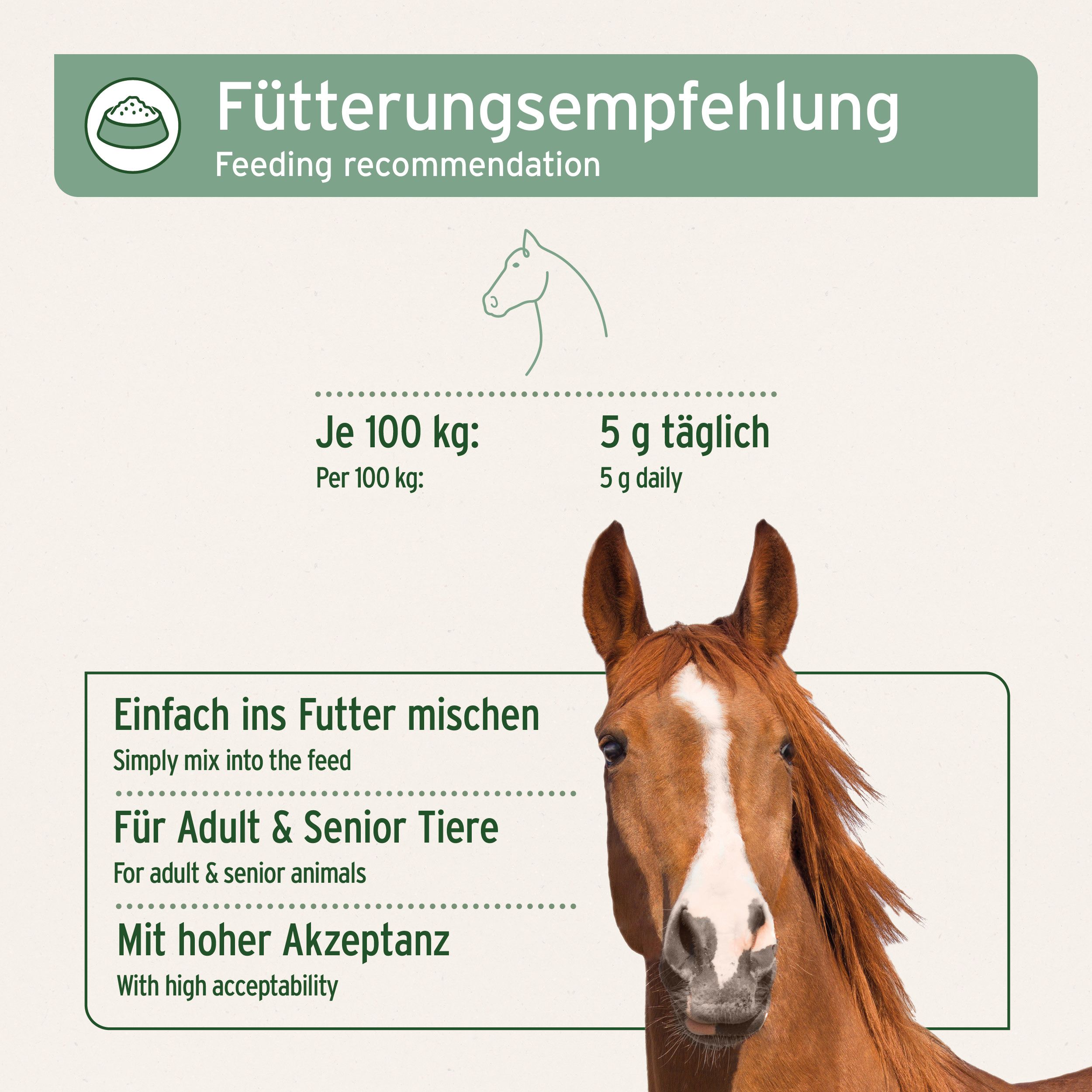 Pferd mit Text: Fütterungsempfehlung. 5 g täglich. Für erwachsene und ältere Tiere. Mit hoher Akzeptanz.