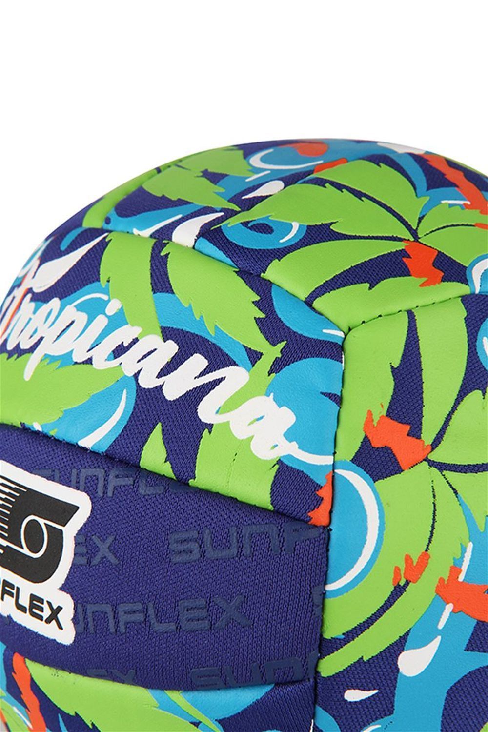 Nahaufnahme eines Beachballs mit tropischem Muster. Logo SUNFLEX und Aufschrift "Tropicana" sichtbar.