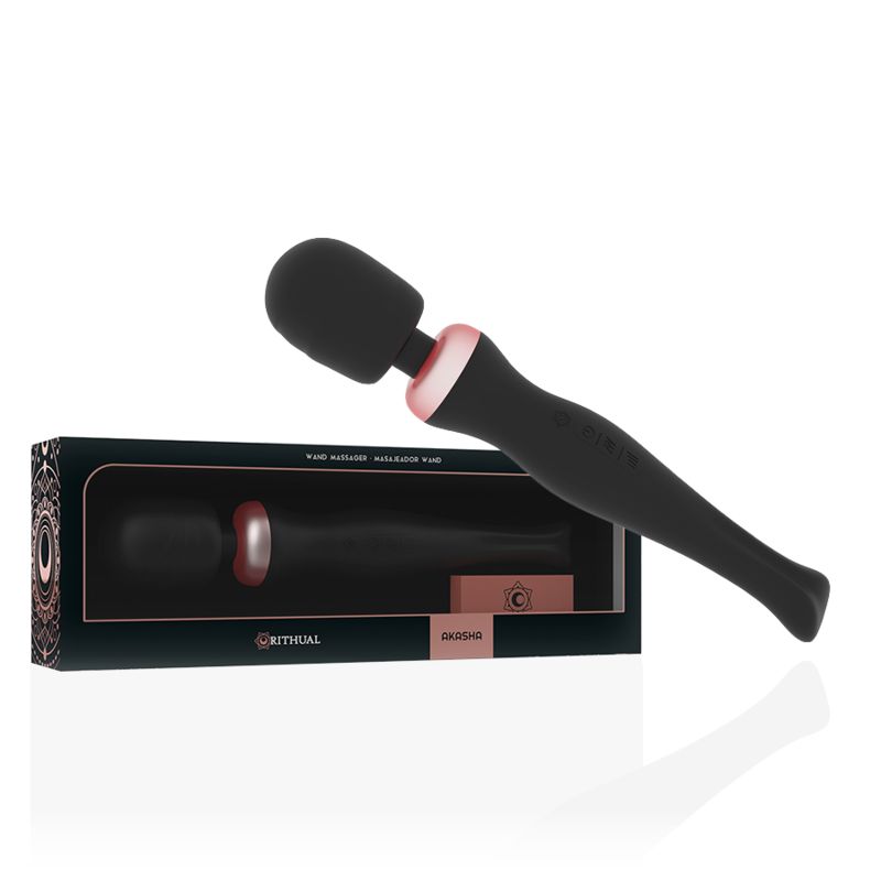 Schwarzer Massagestab mit Verpackung. Rosa Akzente. Produktname und Marke auf der Verpackung sichtbar.