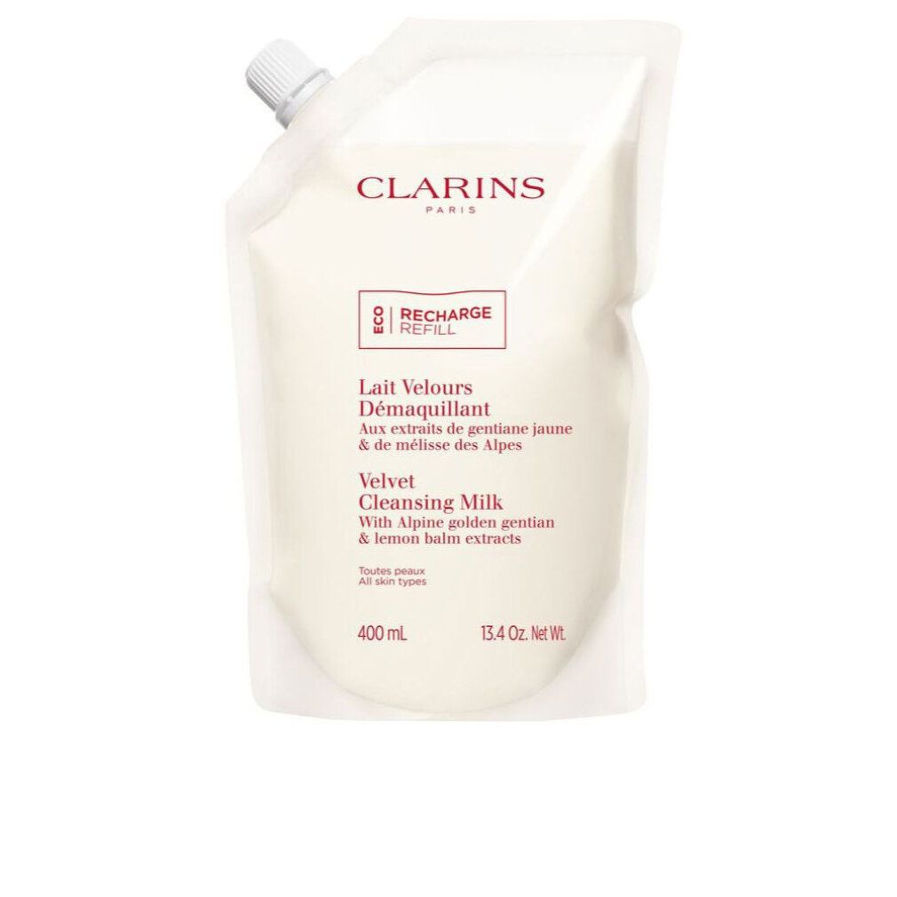 Nachfüllpackung für Make-up-Entferner. Weißer Beutel mit Ausgießer. Text: Clarins, Recharge, Lait Velours, 400 ml.