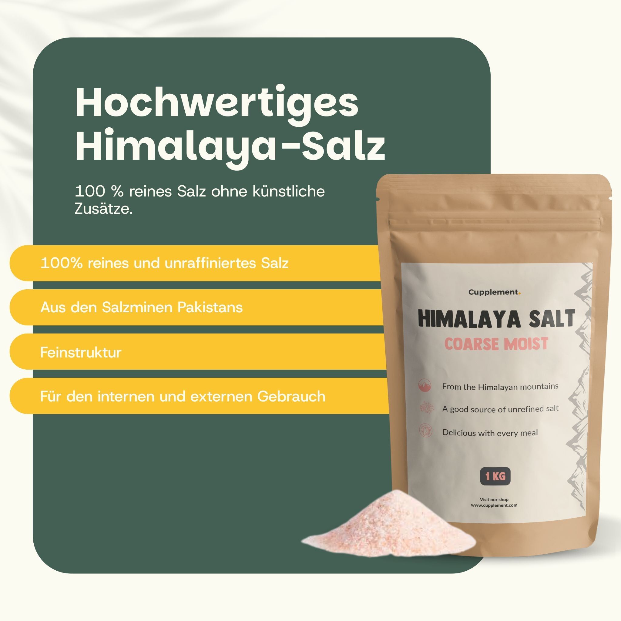 Braune Papiertüte mit Himalaya-Salz, grob und feucht. Enthält 1 kg. Daneben eine kleine Menge rosa Salz.
