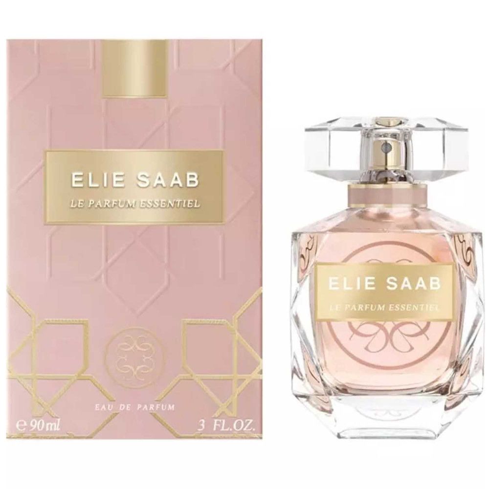 Rosa Parfumflasche und Verpackung. Aufschrift: Elie Saab, Le Parfum Essentiel. Flasche mit Kristallverschluss.