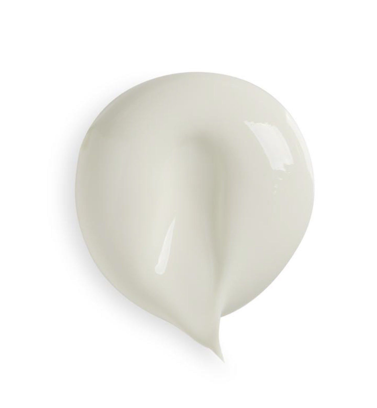 Weißliche, cremige Substanz, tropfenförmig auf weißem Hintergrund. Glänzende Oberfläche.