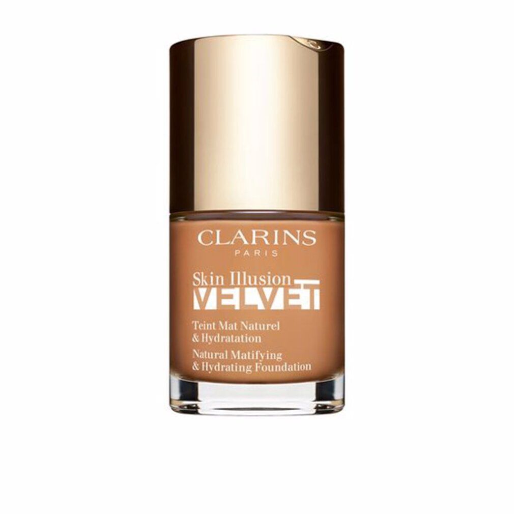 Flüssigmake-up-Flakon. Marke Clarins. Skin Illusion Velvet. Goldener Deckel, braune Flüssigkeit. Text: Natural Matifying & Hydrating Foundation.