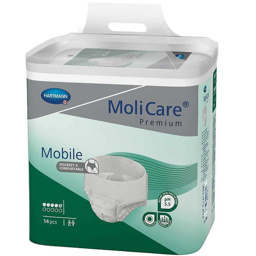 Verpackung MoliCare Premium Mobile. Marke Hartmann. 14 Stück. Aufdruck: Mobile, diskret & komfortabel, pH 5,5.