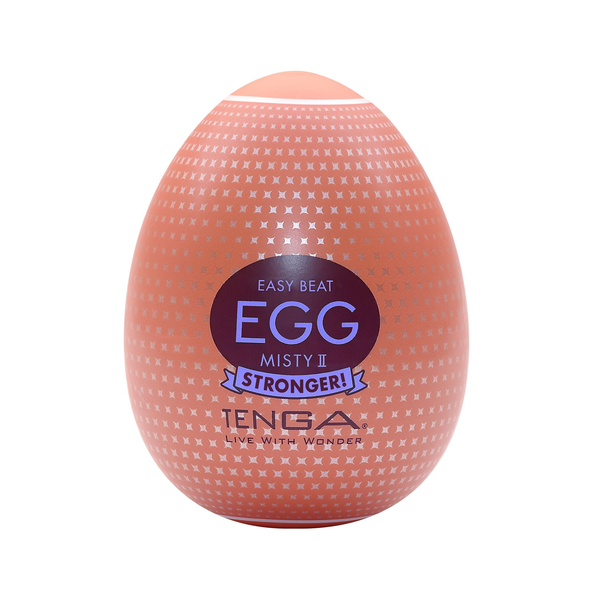 Ein TENGA EGG MISTY II in Verpackung. Rosa Ei mit weißen Punkten und Aufschrift.