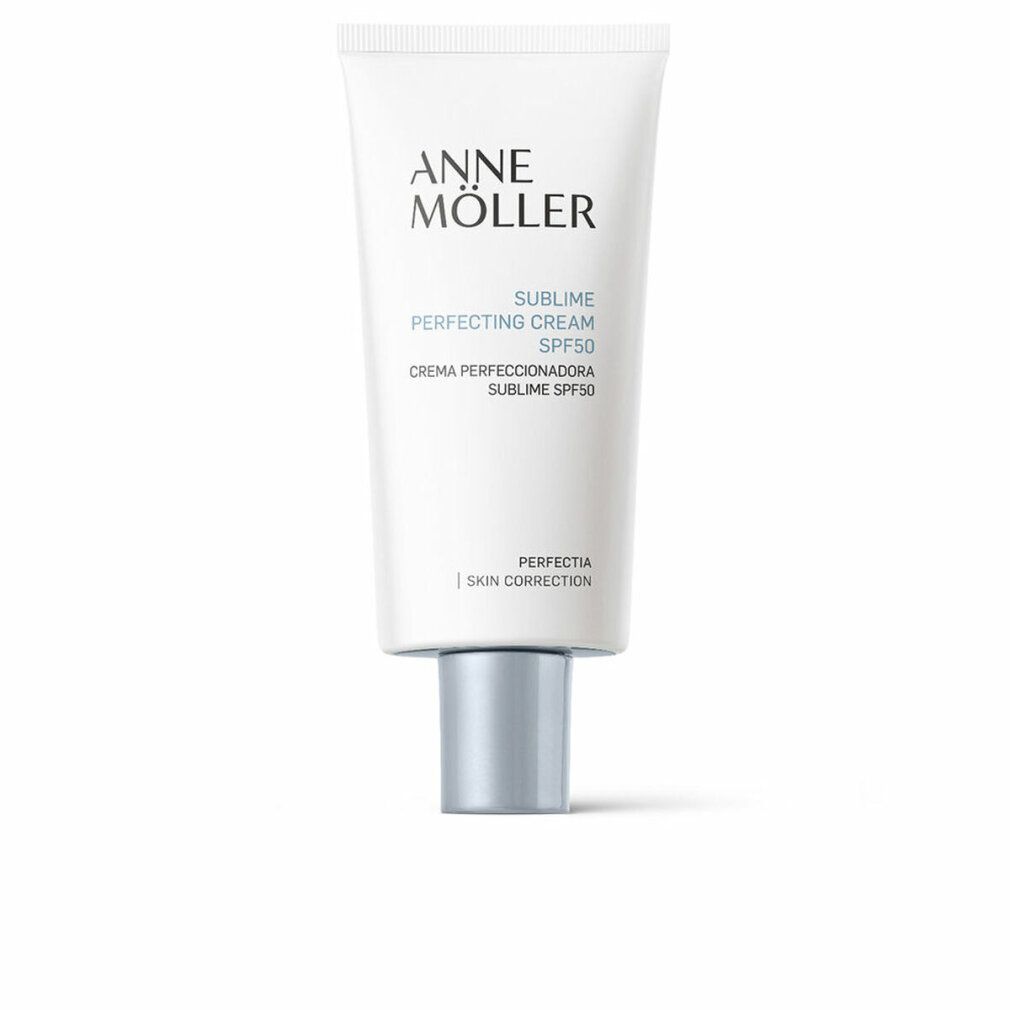 Weiße Tube mit silbernem Verschluss. Aufschrift: Anne Möller, Sublime Perfecting Cream SPF50. Perfektia Skin Correction.
