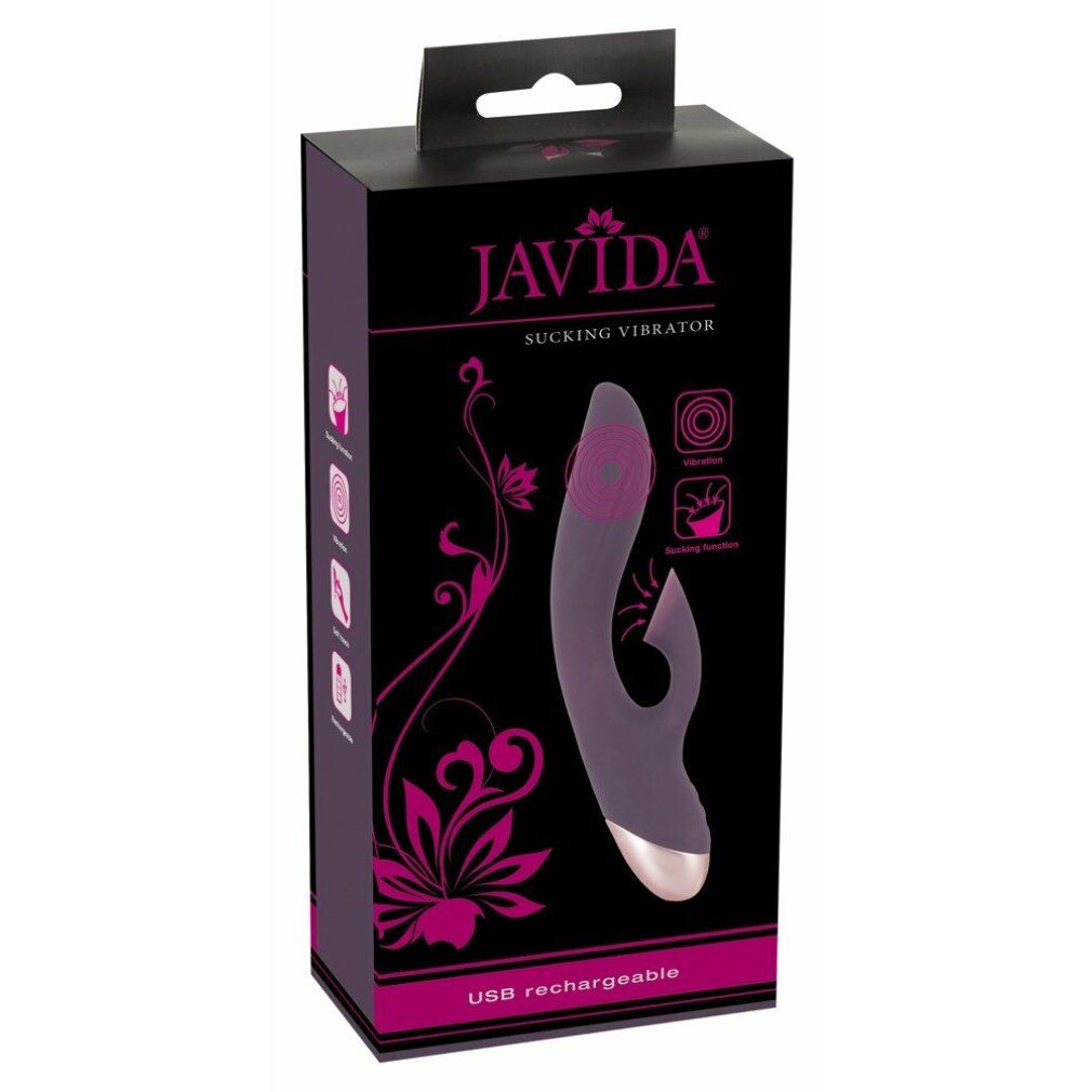 Verpackung. Schwarzer Karton mit Produktabbildung und Text: JAVIDA Sucking Vibrator.