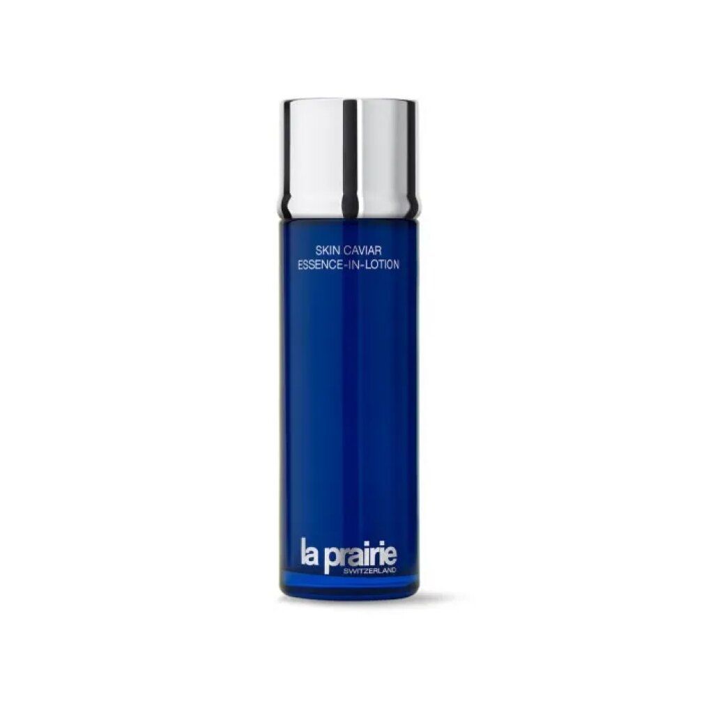 La Prairie Skin Caviar Essence-in-Lotion Flasche, blaue Flasche, silberner Verschluss.