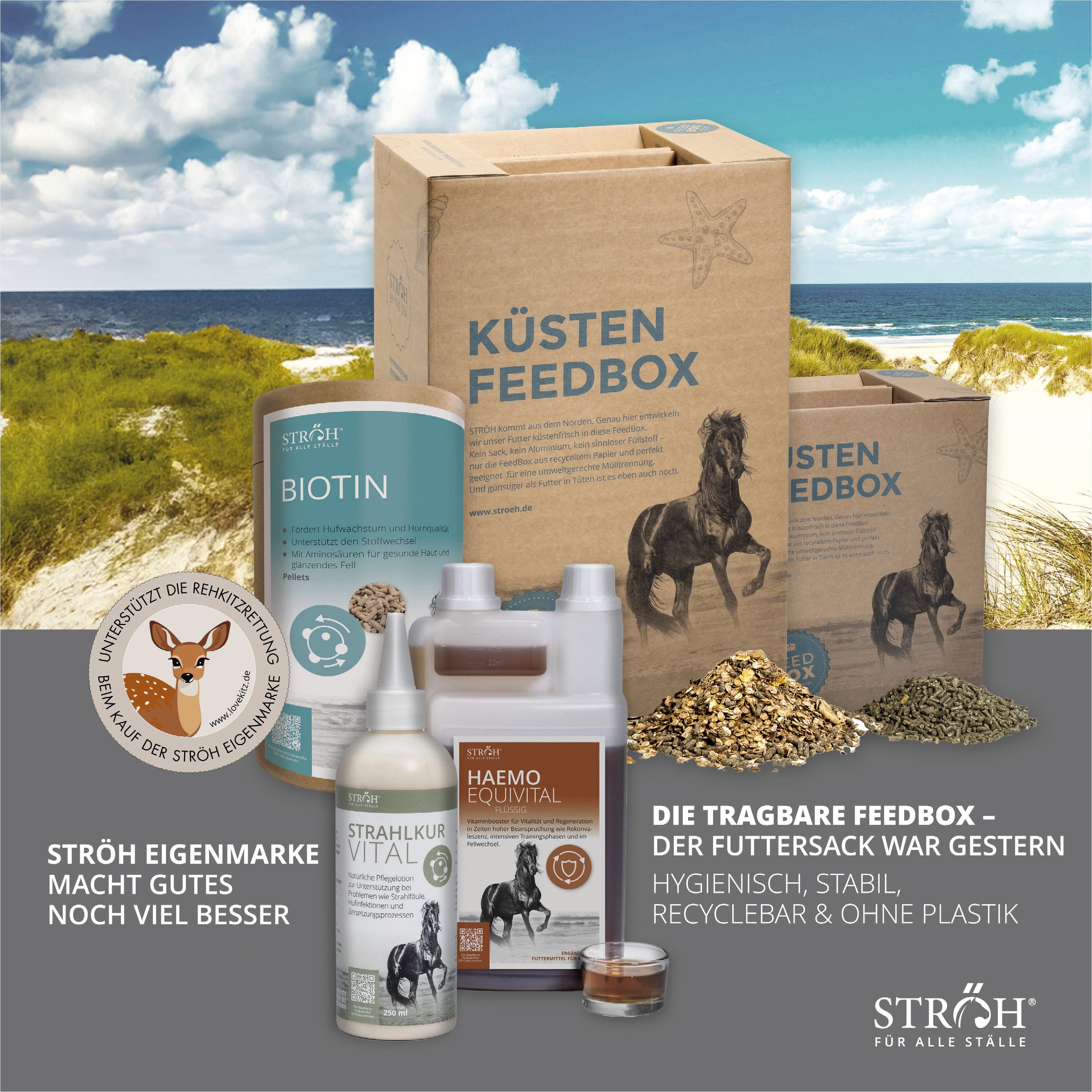 Verschiedene Produkte von STRÖH. Biotin, Haemo Equital, Stahrlkur Vital, Mineral Cookies Feedbox. Verpackungen und Behälter.