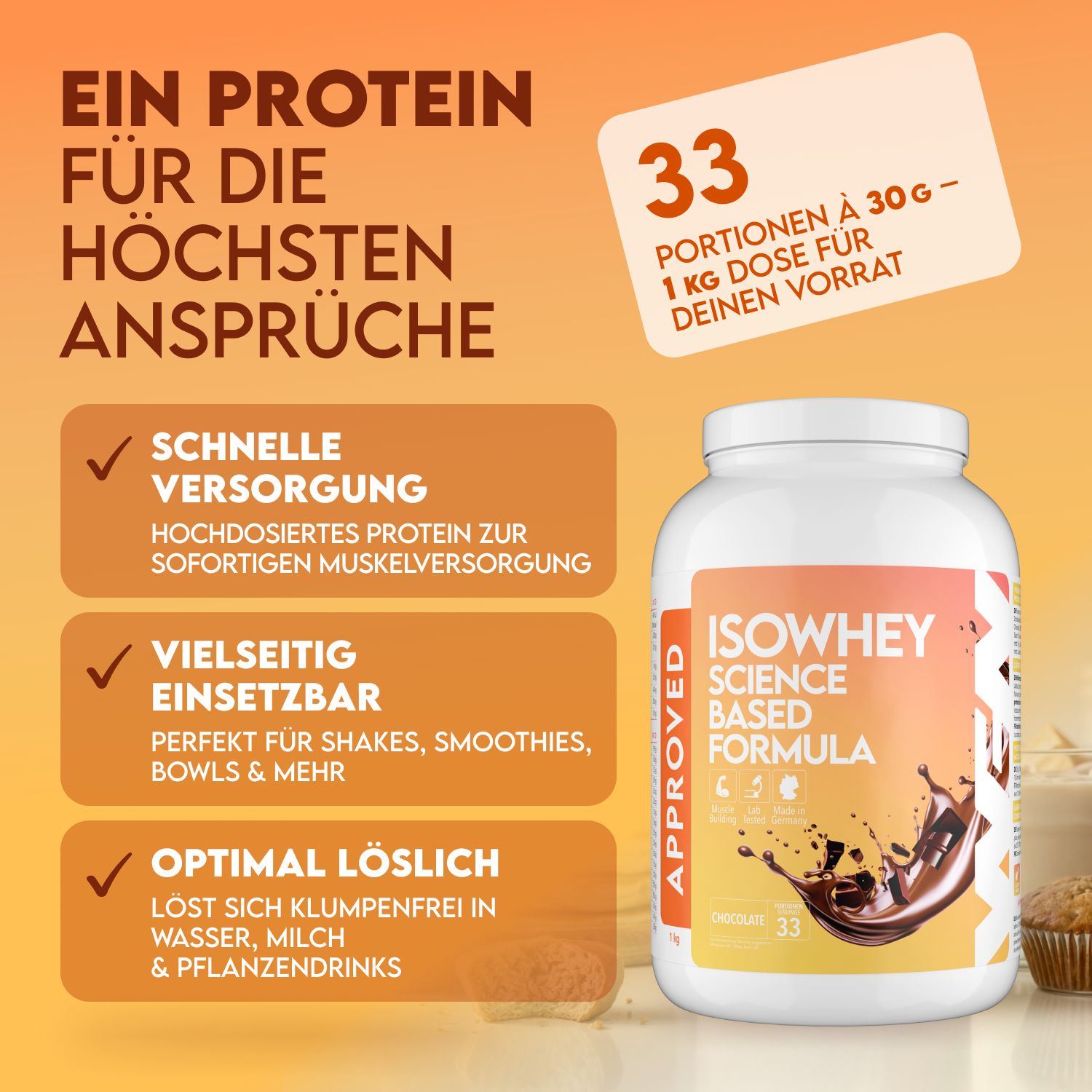 Weiße Dose ISOWHEY, orangefarbenes Etikett, Schokoladen-Spritzer. Text: 33 Portionen, 1 kg Dose. Text: Schnell, vielseitig, optimal löslich.