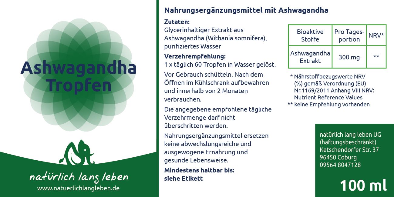 Etikett mit Produktinformationen für Ashwagandha Tropfen. Enthält Inhaltsstoffe, Dosierungsempfehlung und Nährwertangaben. 100 ml.