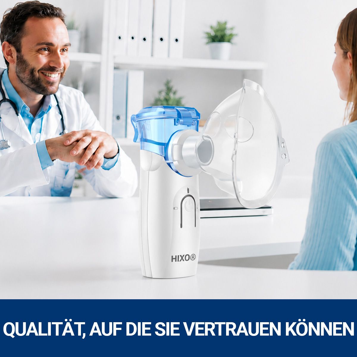 HIXO Inhalator mit Maske in ärztlicher Beratungssituation.