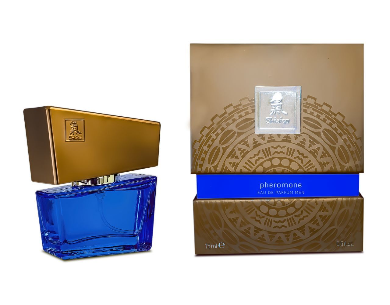 Blauer Glasflakon neben seiner braunen und blauen Geschenkbox.