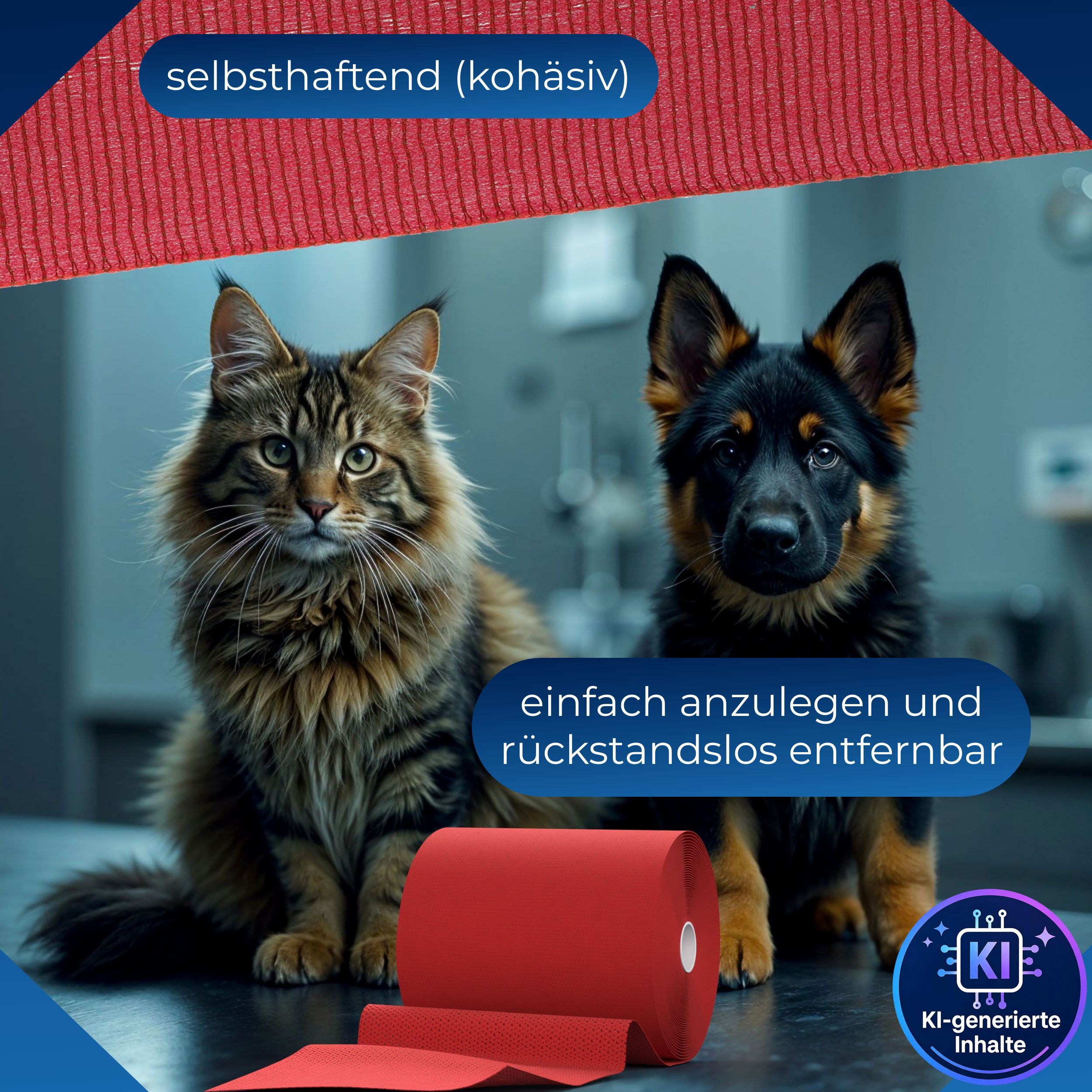 Rote, selbsthaftende Fixierbinde mit Katze und Hund. Einfach anzulegen und rückstandslos entfernbar.