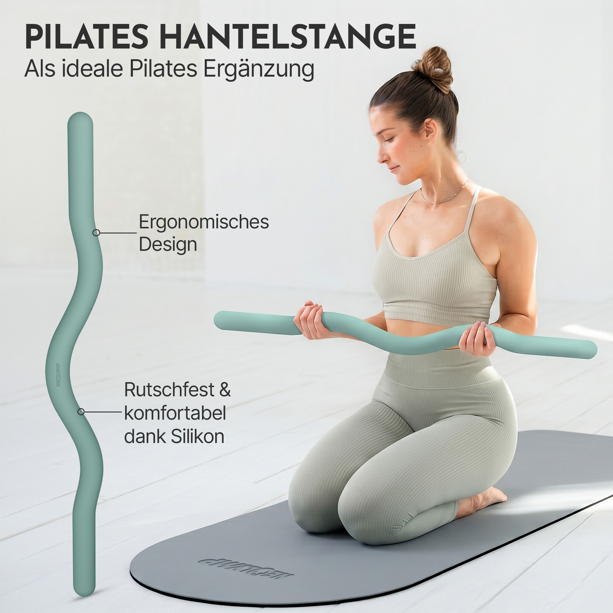 Frau mit NEOLYMP Pilates-Hantelstange aus Silikon, ergonomisch und rutschfest.