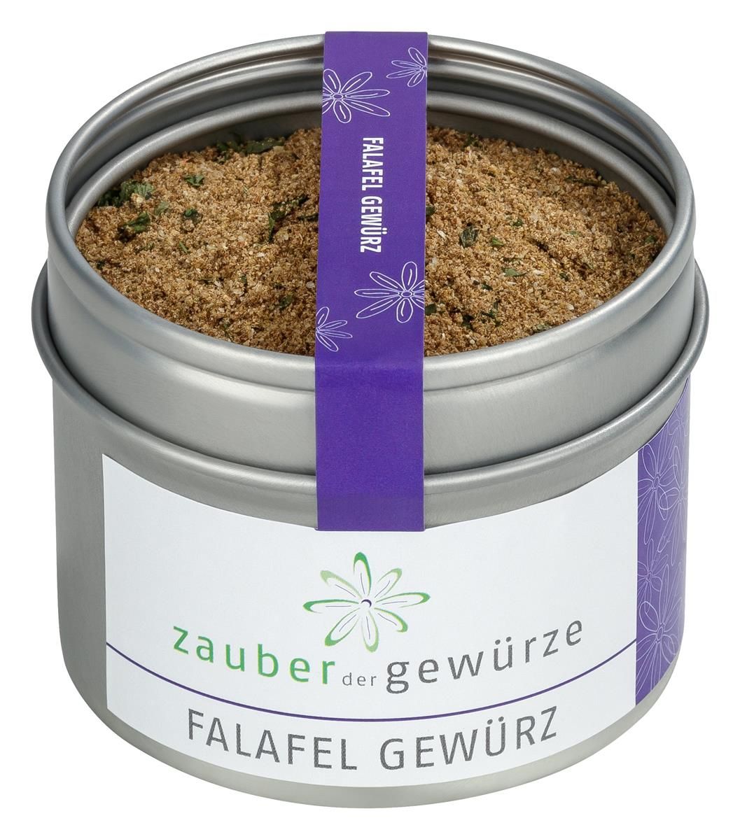 Gewürzdose mit Falafel Gewürz. Silberne Dose mit lila Band. Aufschrift: Zauber der Gewürze, Falafel Gewürz.