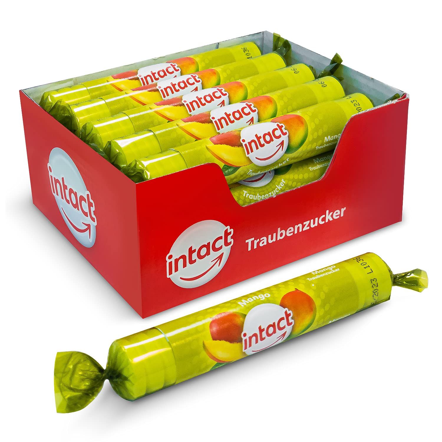 Rote Schachtel mit intact Traubenzucker Rollen. Einzeln verpackte Rollen mit Mango-Geschmack. Intact-Logo.
