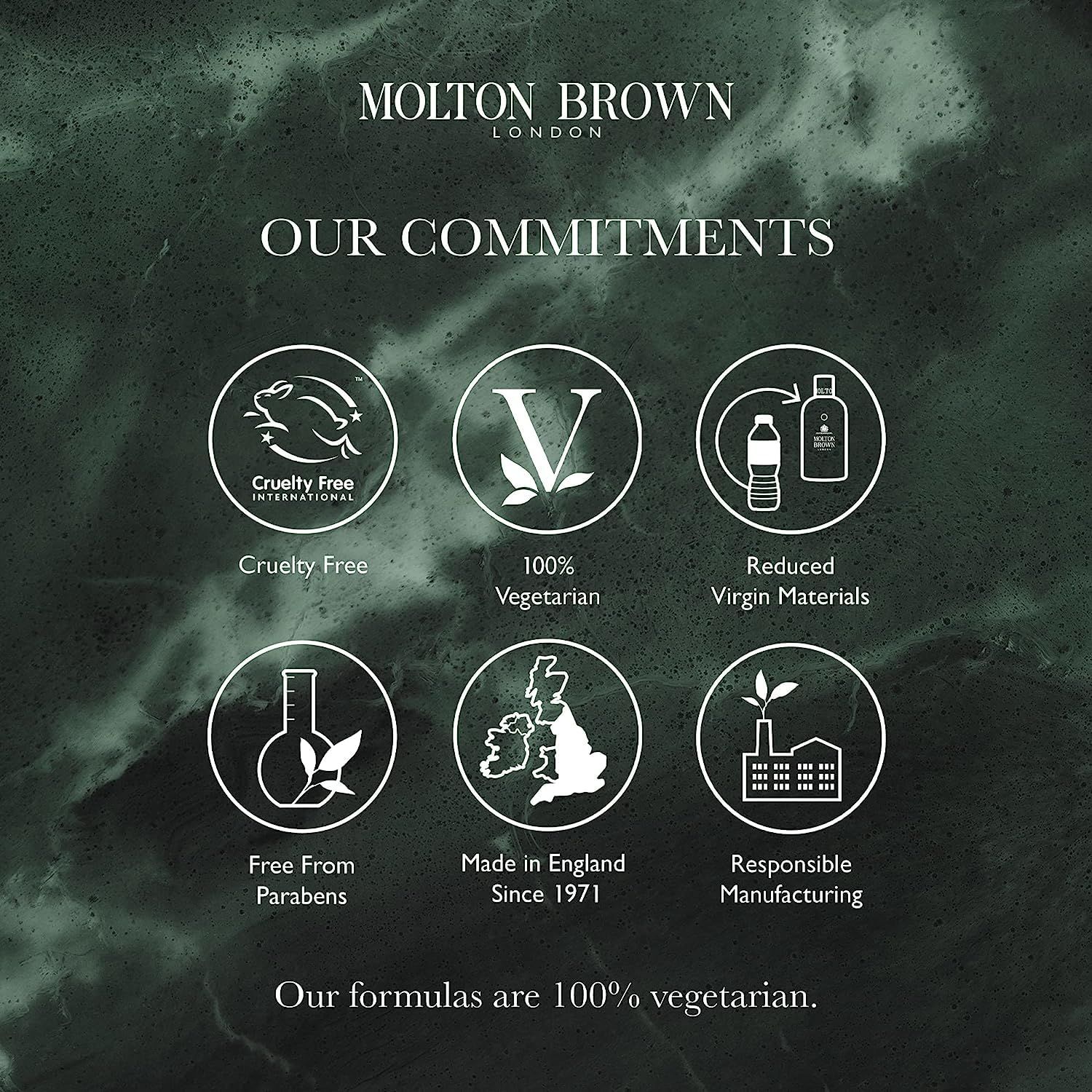 Grafik mit Logos und Text. Logos für Cruelty Free, 100% Vegetarian, Reduced Virgin Materials, Free From Parabens, Made in England, Responsible Manufacturing.